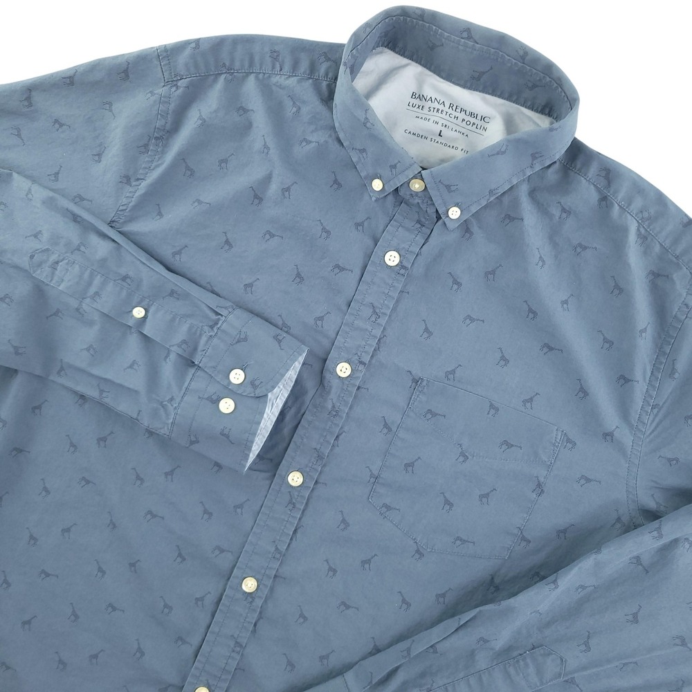 Banana Republic Shirt Mens L Blue Giraffe‎ Print Long Sleeve Button Down Cotton